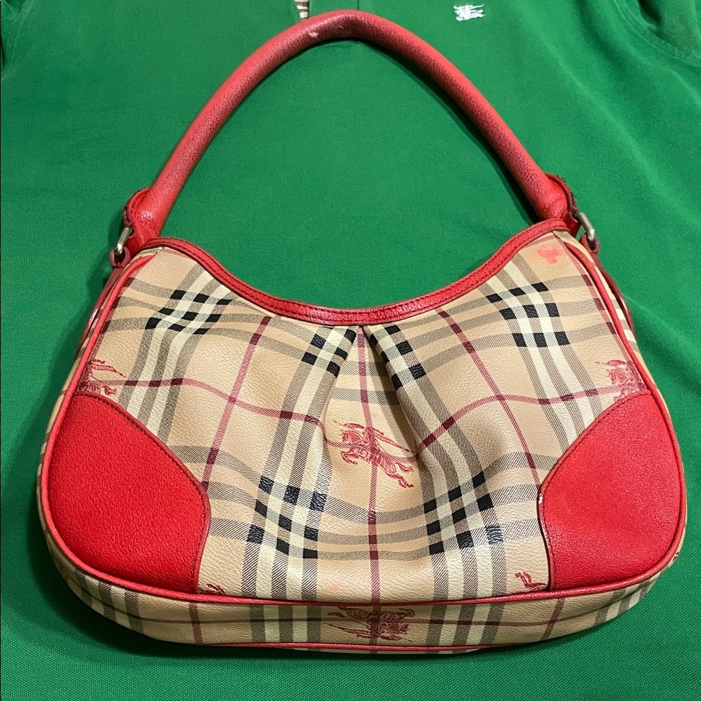 Burberry Beige and Red Plaid Shoulder Bag
